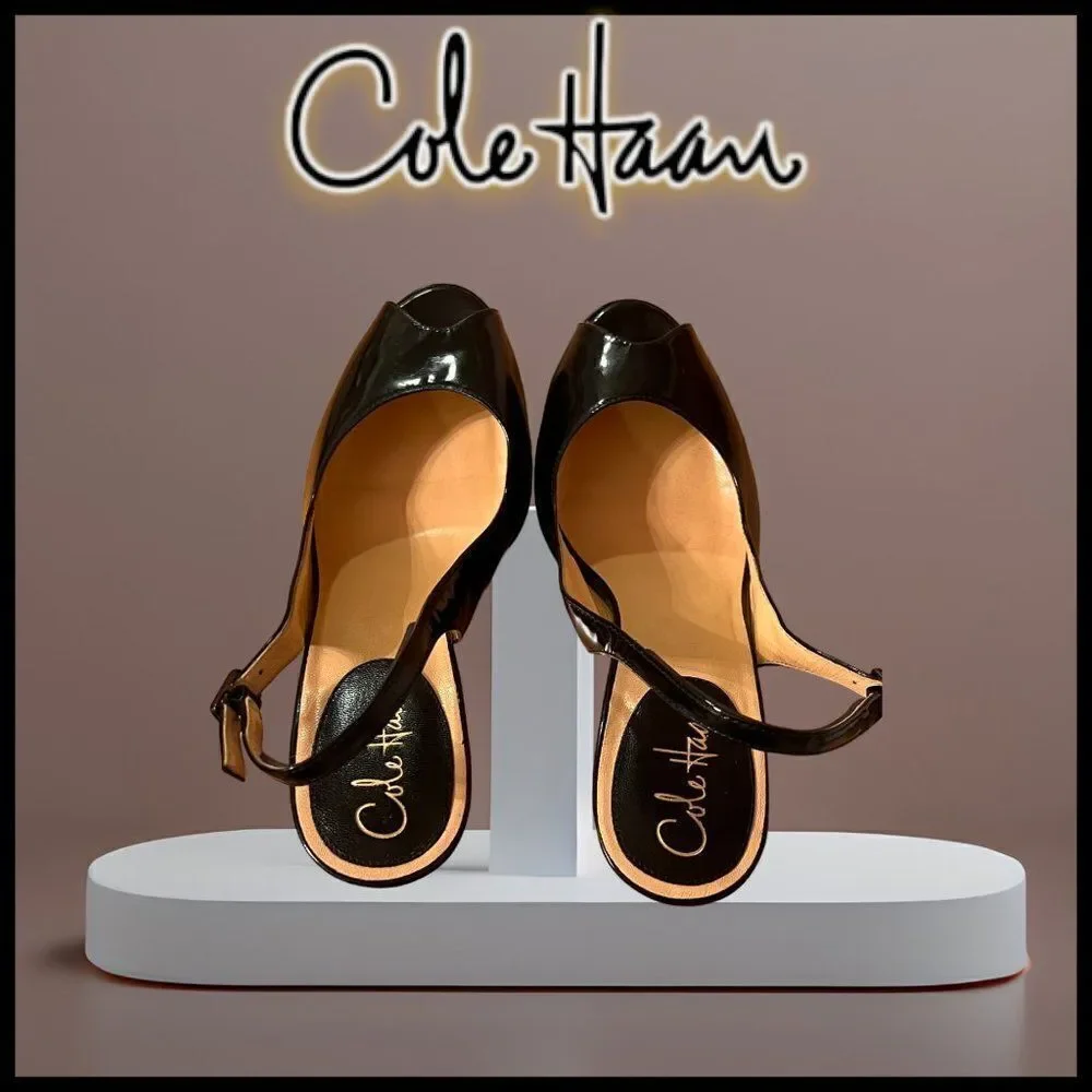 Cole Haan Air Women's Black Patent Leather Peep-Toe Slingback Heels Size 9 AA
